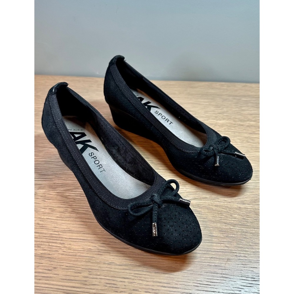 Anne Klein Sport AKCaria Black Wedge Flats Bow Comfort Shoes 7M